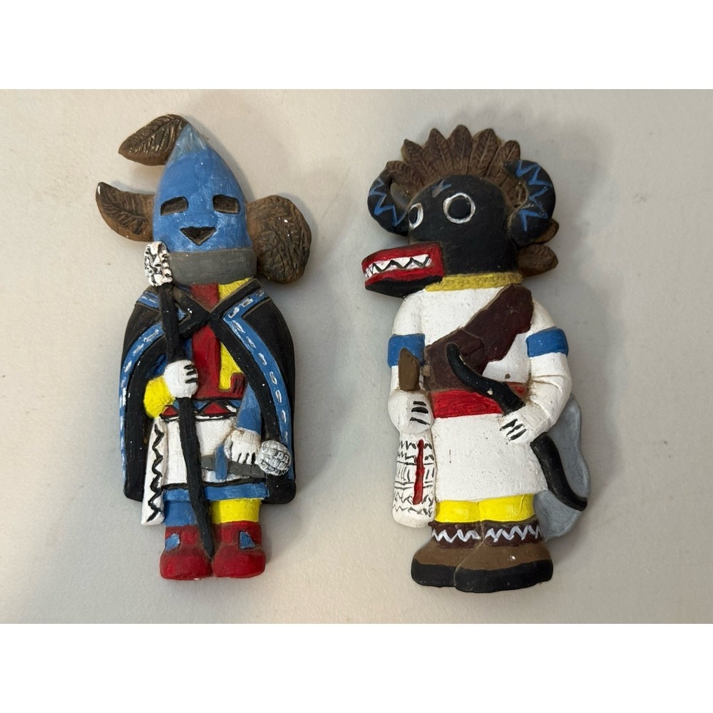 Vintage Pair Hand-Painted Ceramic Kachina Black Ogre Cherokee Clara Wall Plaques